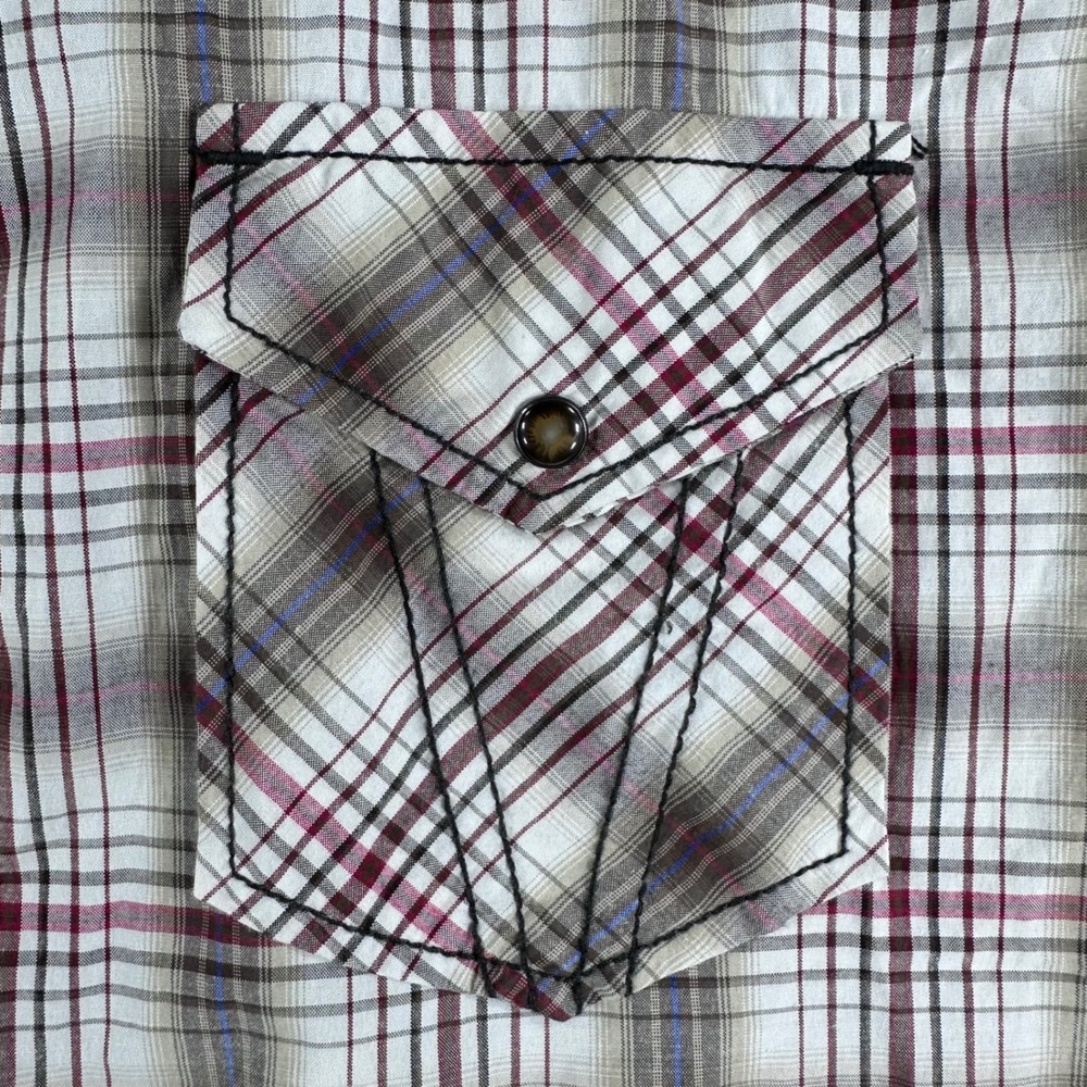 7 Diamonds Afterglow Mens Large Plaid Western Snap Short Sleeve Shirt Tan Red - Picture 6 of 13